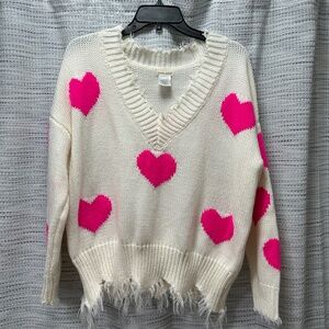 Main Strip Sweater Womens Small White Pink Heart Knit V Neck Distressed Raw Hem